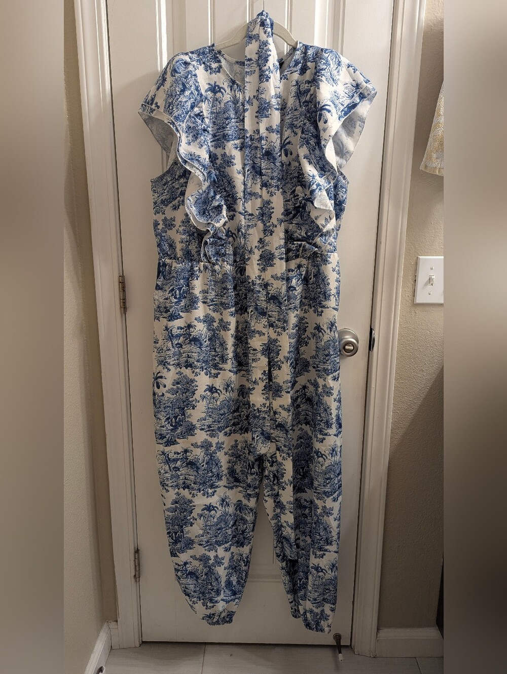 Blue Toile Print Ruffled One-Piece Jumpsuit